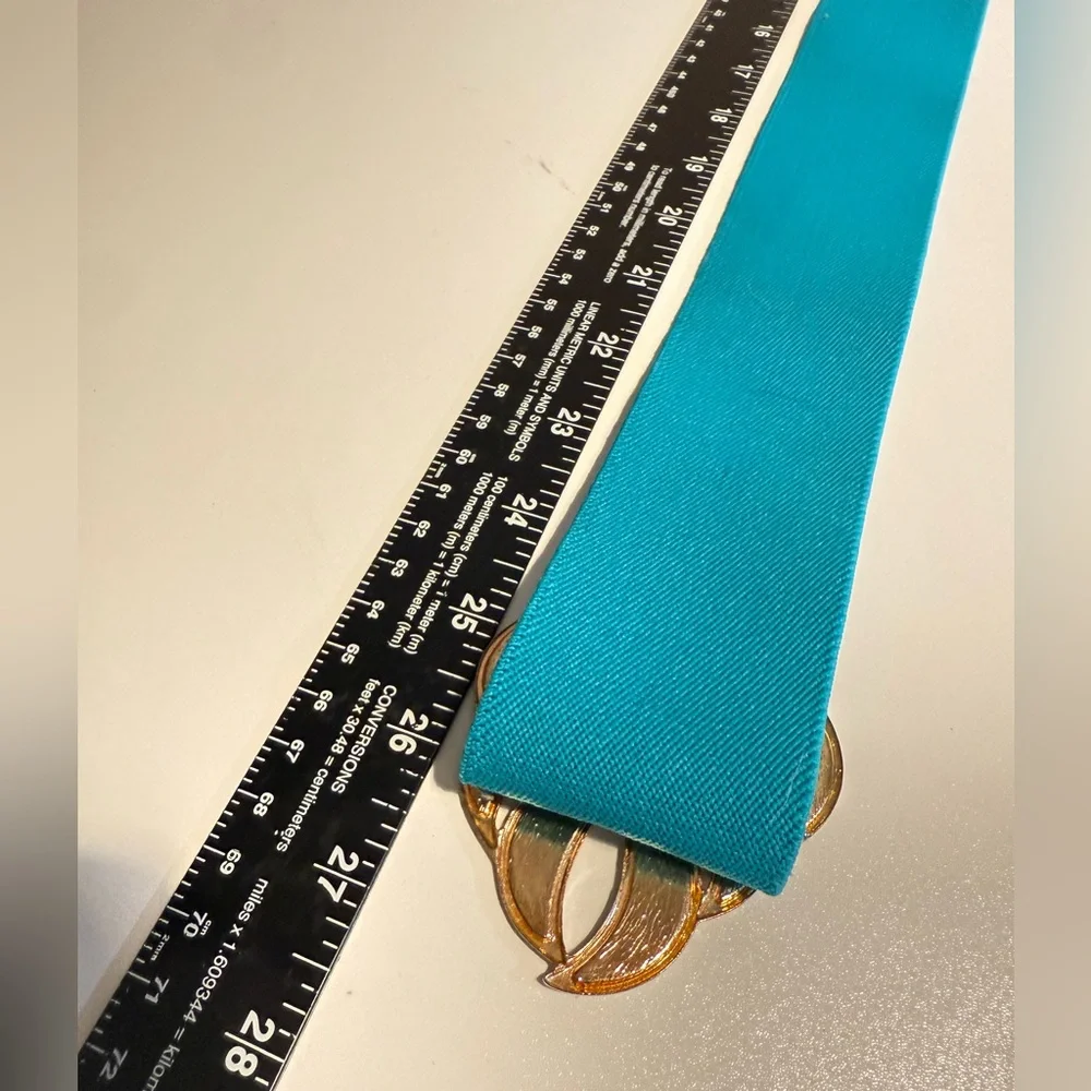1980's Stretch Belt Blue with Enamel Leaf Flame Buckle Adjustable Size